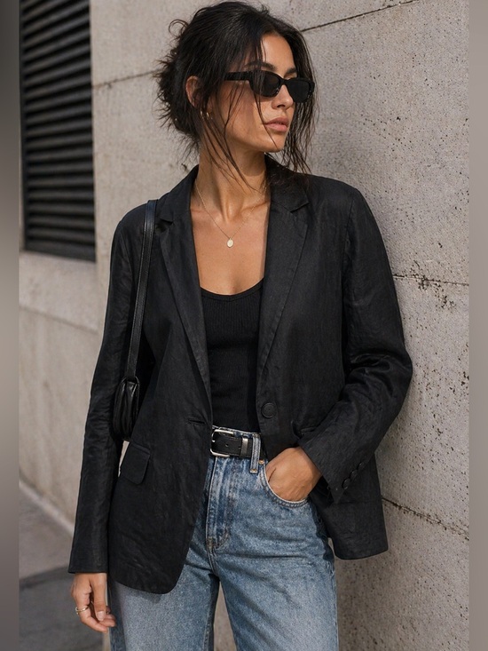 Frame Denim Jackets & Blazers - FRAME Black Linen Blend Blazer Size 12 Lightweight Tailored Minimalist Jacket